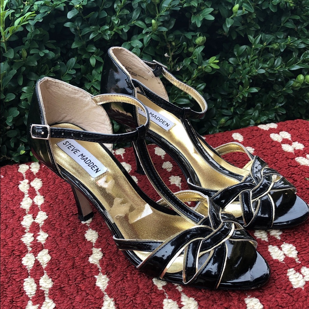 Steve Madden P-Juisay Women’s Black Patent T-Strap High Heel Sandals Size 7.5M